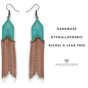 Soul Statement Vintage Country Western Jewelry for Women: Dangle Boho Turquoise & Bronze Patina Earrings with Long Copper Tassel Chains Set, Cowgirl Style Geometric Concert Festival Accessories (Copper Chain)