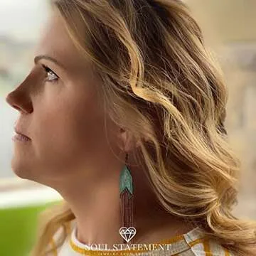 Soul Statement Vintage Country Western Jewelry for Women: Dangle Boho Turquoise & Bronze Patina Earrings with Long Copper Tassel Chains Set, Cowgirl Style Geometric Concert Festival Accessories (Copper Chain)