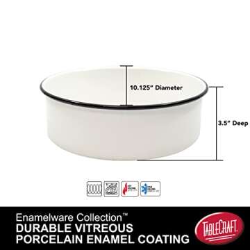 Tablecraft Enamelware Collection Black Rim Solid White Enamel Deep Bowl Baking Pan, Camping, Farmhou...