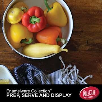 Tablecraft Enamelware Collection Black Rim Solid White Enamel Deep Bowl Baking Pan, Camping, Farmhouse, Home & Restaurant, Porcelain over Steel, Vintage, Boho, Retro, 10.13" Round, 3.6" Deep