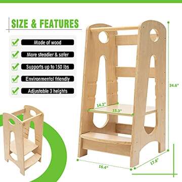 KATARUS Kitchen Step Stool for Kids and Toddlers with Safety Rail Children Standing Tower for Kitchen Counter, 3 Heights Adjustable Step Up Stool Mother's Helper, Solid Wood Construction, Natural