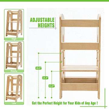 KATARUS Kitchen Step Stool for Kids and Toddlers with Safety Rail Children Standing Tower for Kitchen Counter, 3 Heights Adjustable Step Up Stool Mother's Helper, Solid Wood Construction, Natural