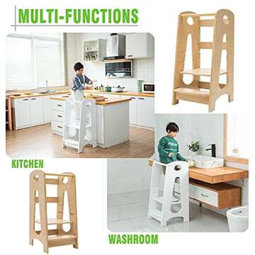 KATARUS Kitchen Step Stool for Kids and Toddlers with Safety Rail Children Standing Tower for Kitchen Counter, 3 Heights Adjustable Step Up Stool Mother's Helper, Solid Wood Construction, Natural
