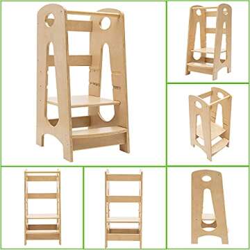 KATARUS Kitchen Step Stool for Kids and Toddlers with Safety Rail Children Standing Tower for Kitchen Counter, 3 Heights Adjustable Step Up Stool Mother's Helper, Solid Wood Construction, Natural