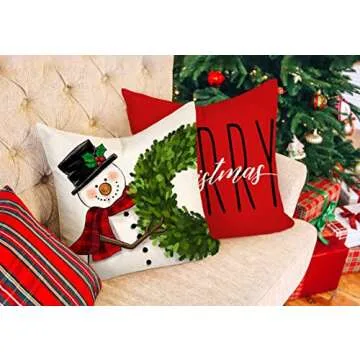 Red Christmas Pillow Covers 18x18 Set of 4 Farmhouse Christmas Decorations Snowman Wreath Santa Claus Tree Merry Christmas Holly Jolly Winter Holiday Decor Throw Cushion Case for Home Couch S22C17