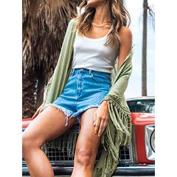 CUPSHE Women Boho Fringe Open-Front Cover-Up Kimono Long Sleeves Sexy Beach Cover Up Casual Summer G...