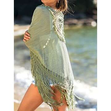 CUPSHE Women Boho Fringe Open-Front Cover-Up Kimono Long Sleeves Sexy Beach Cover Up Casual Summer Green