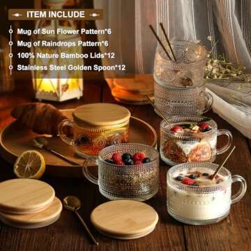 LANDNEOO 12pcs Set Irish Coffee Glasses, Vintage Coffee Mugs, Overnight Oats Containers with Bamboo ...