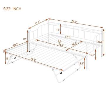 Twin Daybed with Trundle Bed Twin, Metal Day Bed Frame with Pop Up Trundle, Metal Sofa Bed with Port...
