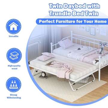 Twin Daybed with Trundle Bed Twin, Metal Day Bed Frame with Pop Up Trundle, Metal Sofa Bed with Portable Folding Trundle for Bedroom, Living Room, Guest Room, Home, No Box Spring Needed, White