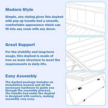 Twin Daybed with Trundle Bed Twin, Metal Day Bed Frame with Pop Up Trundle, Metal Sofa Bed with Portable Folding Trundle for Bedroom, Living Room, Guest Room, Home, No Box Spring Needed, White