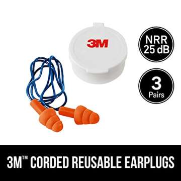 3M Corded Reusable Earplugs, 3 Pack, Noise Reduction Rating (NRR) 25 dB, Easy To Use & Insert, Pliab...