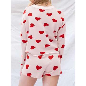 Saodimallsu Women’s Valentine's Day Pajama Set Hearts Print Lounge Sets Long Sleeve Sweater and Shorts 2 Piece Outfits White