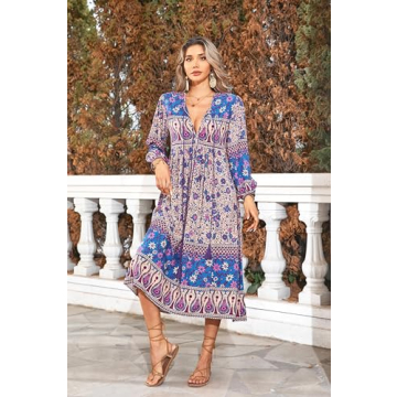 R.Vivimos Women's Long Sleeve Floral Print Bohemian Dress