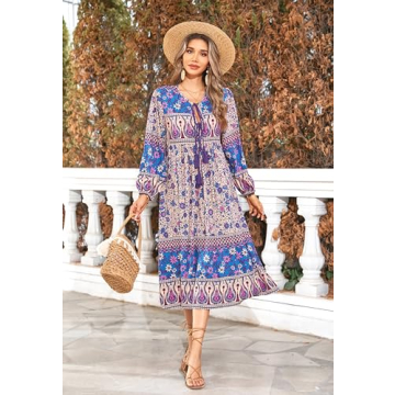 R.Vivimos Women's Long Sleeve Floral Print Bohemian Dress