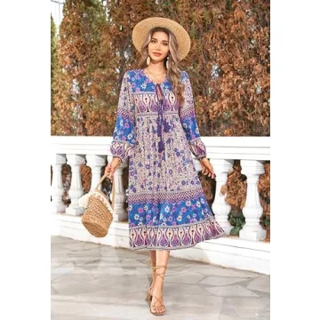 R.Vivimos Women's Long Sleeve Floral Print Bohemian Dress