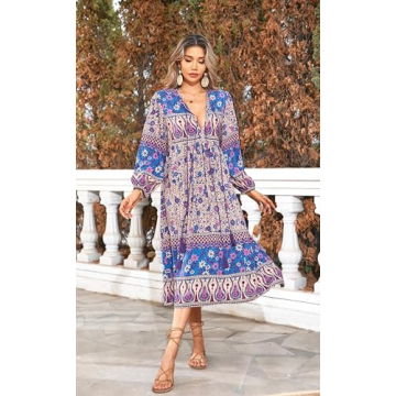 R.Vivimos Women's Long Sleeve Floral Print Bohemian Dress