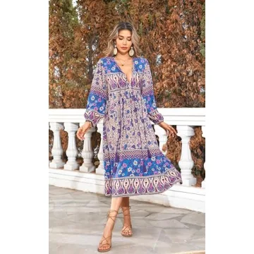 R.Vivimos Women's Long Sleeve Floral Print Bohemian Dress