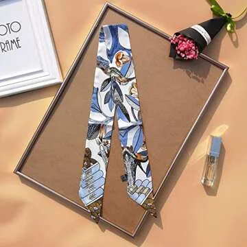 MUAQUATA Long Floral Skinny Scarf For Women Silk Like Neckerchief Hangbag Handle Hair Head Wraps Belt (MQTA01-30)