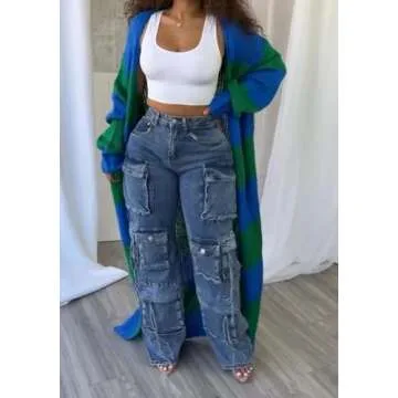 LETSVDO Women's Color Block Long Cardigan Open Front Oversized Striped Knit Slouchy Duster Chunky Sweater Coat Green