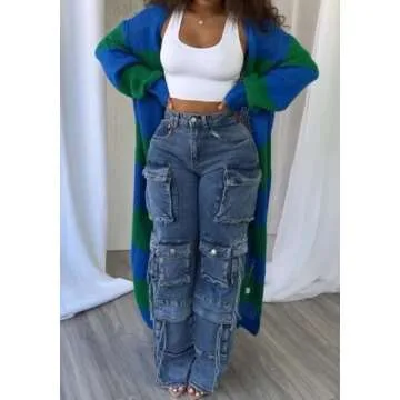 LETSVDO Women's Color Block Long Cardigan Open Front Oversized Striped Knit Slouchy Duster Chunky Sweater Coat Green