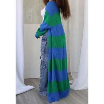 LETSVDO Women's Color Block Long Cardigan Open Front Oversized Striped Knit Slouchy Duster Chunky Sweater Coat Green