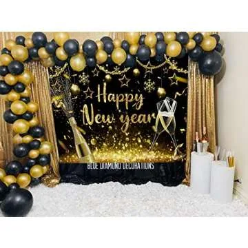 2025 Happy New Year Backdrop Black Gold Shining Champagne Wine Glasses Bokeh Photography Background New Year Prom Holiday Party Banner Decoration Photo Booth Props 7x5FT