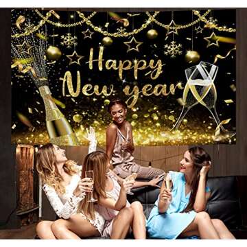 2025 Happy New Year Backdrop Black Gold Shining Champagne Wine Glasses Bokeh Photography Background New Year Prom Holiday Party Banner Decoration Photo Booth Props 7x5FT