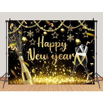 2025 Happy New Year Backdrop Black Gold Shining Champagne Wine Glasses Bokeh Photography Background New Year Prom Holiday Party Banner Decoration Photo Booth Props 7x5FT