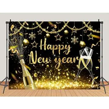 2025 Happy New Year Backdrop Black Gold Shining Champagne Wine Glasses Bokeh Photography Background New Year Prom Holiday Party Banner Decoration Photo Booth Props 7x5FT