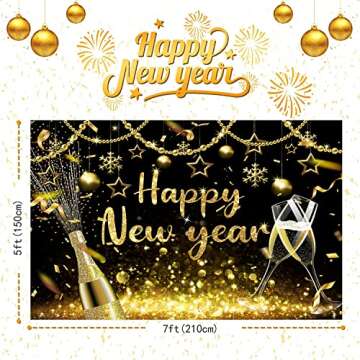 2025 Happy New Year Backdrop Black Gold Shining Champagne Wine Glasses Bokeh Photography Background New Year Prom Holiday Party Banner Decoration Photo Booth Props 7x5FT