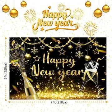 2025 Happy New Year Backdrop Black Gold Shining Champagne Wine Glasses Bokeh Photography Background New Year Prom Holiday Party Banner Decoration Photo Booth Props 7x5FT