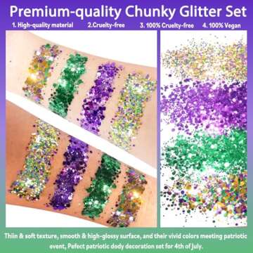 Allstarry Mardi Gras Face Glitter, 4 Colors Chunky Body Glitters Purple Green Gold Face Glitter Eyes...