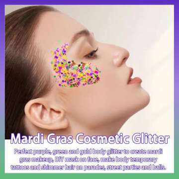 Allstarry Mardi Gras Face Glitter, 4 Colors Chunky Body Glitters Purple Green Gold Face Glitter Eyeshadow Makeup Hair and Eye Glitter Mardi Gras Accessories for Women Mask Balls Street Parties