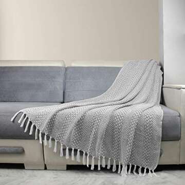 RAJRANG Grey Woven Country Rustic Throw Blanket 100% Cotton Luxury Quality Sofa Couch Bed Throws Per...