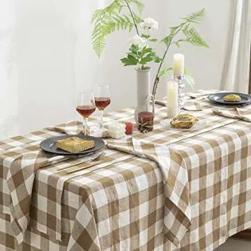 EVERLY 100% Yarn-Dyed Linen Rectangle Tablecloths 60x120Inches for Dining,Buffet Parties,Picnic,Events and Restaurants,Decorative Halloween,Thanksgiving Machine Washable Tablecloths-Brown Plaid