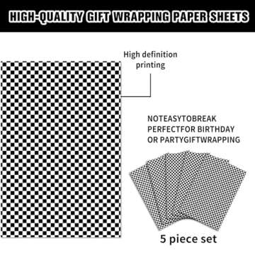5 Sheets Folded Race Car Wrapping Paper Checkered Party Gift Wrapping Paper for Kids Birthday,Shower...