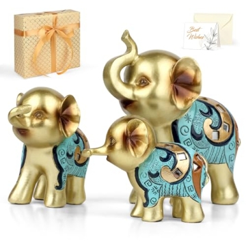 Kresecioo Set of 3 Gold Elephant Statues - Good Luck Decor