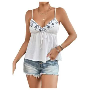 COZYEASE Women's Floral Embroidery Knot Front Cami Tops Peplum Sleeveless V Neck Tank Top White Medium