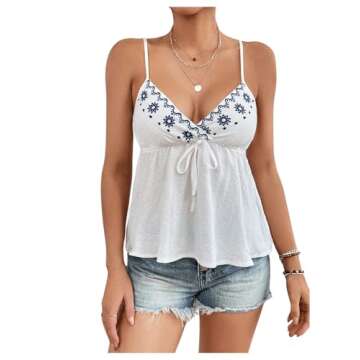 COZYEASE Women's Floral Embroidery Knot Front Cami Tops Peplum Sleeveless V Neck Tank Top White Medium