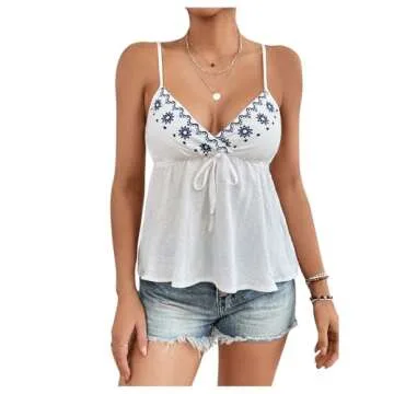 COZYEASE Women's Floral Embroidery Knot Front Cami Tops Peplum Sleeveless V Neck Tank Top White Medium