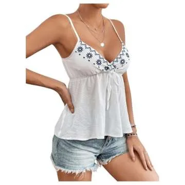 COZYEASE Women's Floral Embroidery Knot Front Cami Tops Peplum Sleeveless V Neck Tank Top White Medium