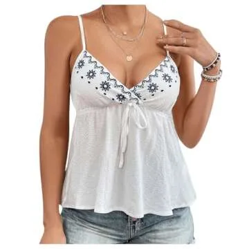 COZYEASE Women's Floral Embroidery Knot Front Cami Tops Peplum Sleeveless V Neck Tank Top White Medium