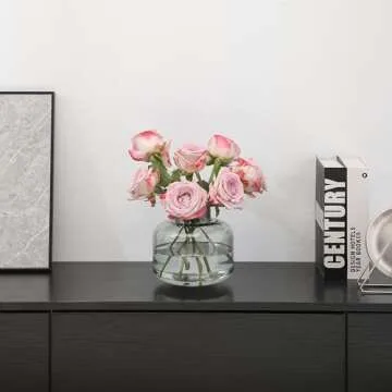 PORPAN Short Glass Vase for Flowers, Black Glass Vase, Round Glass Vase, 6 Inch Small Glass Flower Vase for Living Room, Dining Table, Wedding, Bookshelf, Office Decor