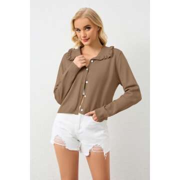 ICOBID Women's Lapel Knitted Long Sleeve Cropped Cardigan Button Ruffle Collar Sweaters Trendy Fall ...