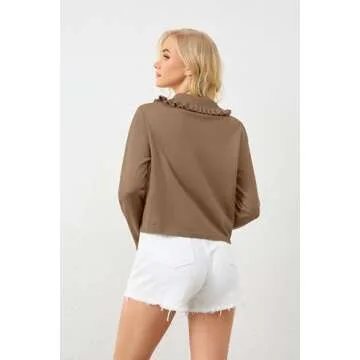 ICOBID Women's Lapel Knitted Long Sleeve Cropped Cardigan Button Ruffle Collar Sweaters Trendy Fall Winter Outwear Coats Camel