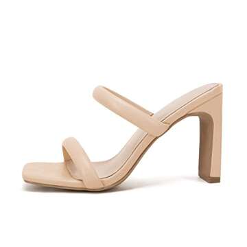 Coutgo Womens Square Open Toe Heeled Sandals - Two Strap High Heel Mules