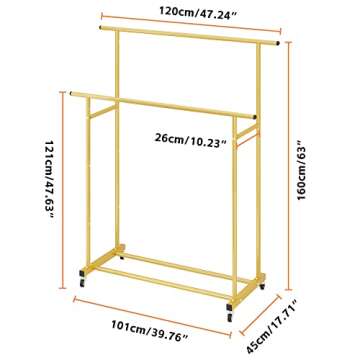 Calmootey Double Rod Clothing Garment Rack,Rolling Hanging Clothes Rack,Portable Clothes Organizer for Bedroom,Living Room,Clothing Store,Gold