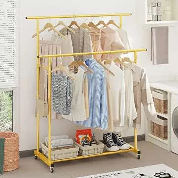 Calmootey Double Rod Clothing Garment Rack,Rolling Hanging Clothes Rack,Portable Clothes Organizer for Bedroom,Living Room,Clothing Store,Gold