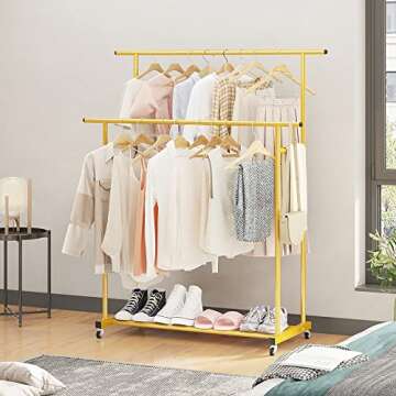 Calmootey Double Rod Clothing Garment Rack,Rolling Hanging Clothes Rack,Portable Clothes Organizer for Bedroom,Living Room,Clothing Store,Gold